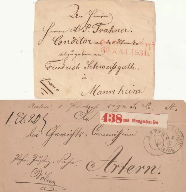 2 Vorderseiten Paketbegleitbrief Sangerhausen 1867, Cannstadt 1831 in rot