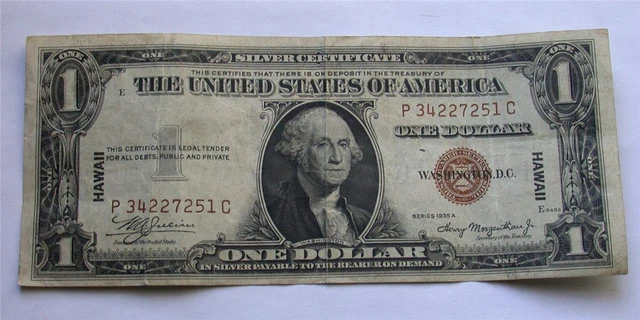 1935 A series $1 One Dollar Hawaii Silver Certificate Brown Currency Note Bill