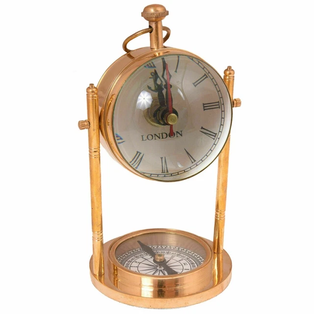 Maritime antike Tischuhr aus Messing mit Kompass, Heimdekoration, nautische Uhr