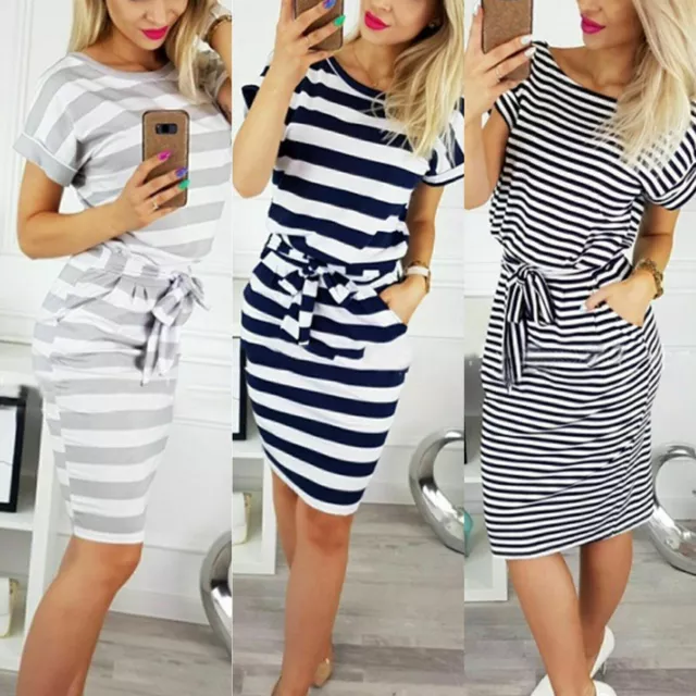 Women Summer Striped Short Sleeve T-Shirt Dress Waist Tie Loose Wrap Midi Dress