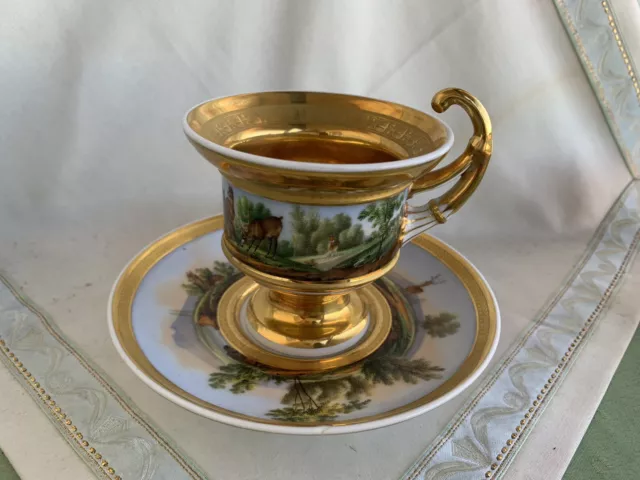 Schöne Biedermeier Tasse mit vielen Landschafts-Szenen und Gold-Verzierungen