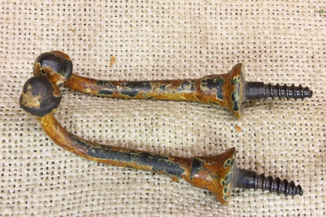 2 Old Single Coat Hooks Farm School House Acorn End Grain Paint Vintage 1850’s 3
