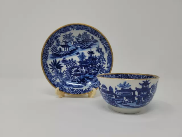 18th Century Worcester Cauley Teacup and Saucer Blue On White Transferware