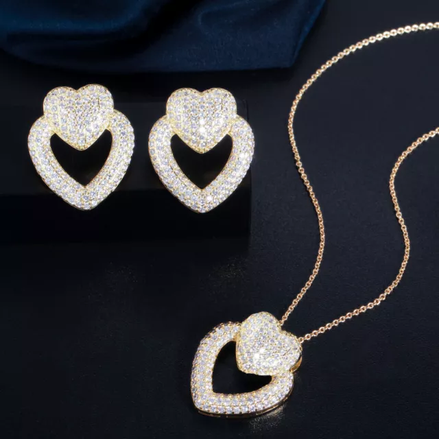 Dubai Gold Color Double Heart CZ Pendent Necklace Earrings Fashion Jewelry Set