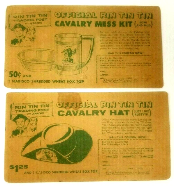 2 1956 Nabisco Advertising Cards Official RIN TIN TIN Calvary Mess Kit & Hat