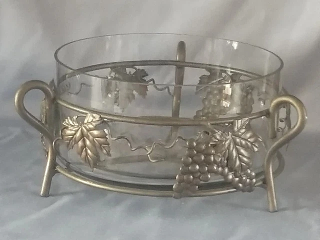 Vtg Large Clear Glass Bowl & Metal Stand Grapes Leaves 2 Pc Fruit Salad Serving