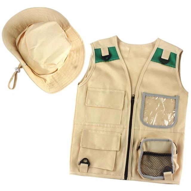 Kit de Aventuras Al Libre, Chaleco y Sombrero Caqui de Carga para NiñOs Peq L9B4