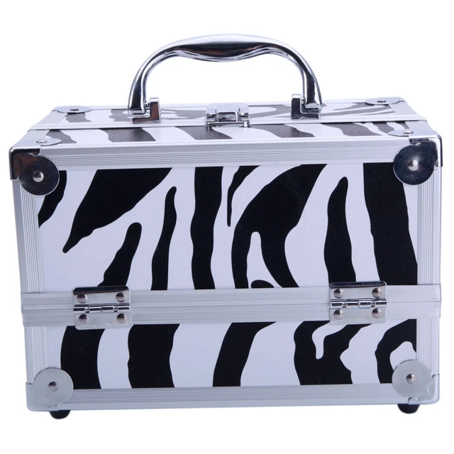 Aluminum Makeup Train Case Jewelry Box Organizer 9x6x6 w/ Mirror White Zebra