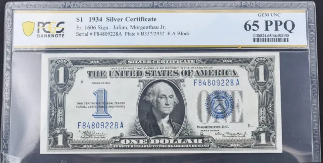 1934 $1 Silver Certificate "Funny Back" FR 1606 PCGS GEM UNC 65 PPQ (F-A Block)