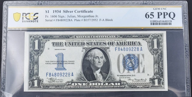 1934 $1 Silver Certificate "Funny Back" FR 1606 PCGS GEM UNC 65 PPQ (F-A Block)