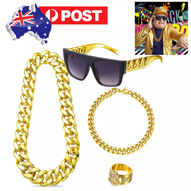 Bling Gold Chain Ring Gangster Hip Hop Rapper Fancy Dress Costume Accessory Set