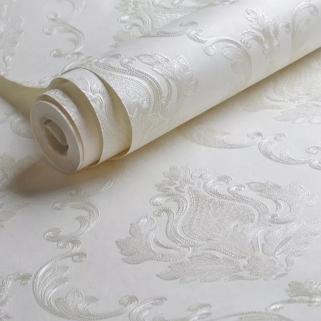 Floral Pattern 3D Textured Wall Paper Off White Embossed Damask Wall Paper