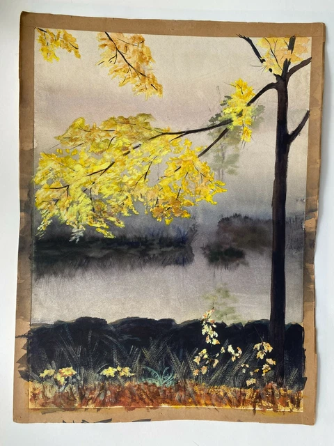 Vintage Watercolor Painting YELLOW AUTUMN LEAVES OVER RIVER BANK 2