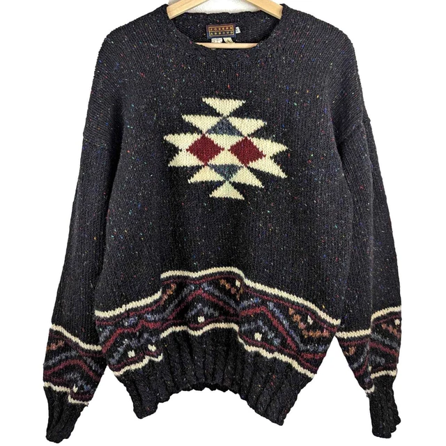 Vintage Wool Geometric Nordic Aztec Grandpa Sweater Chunky Icelandic Knit Mens M