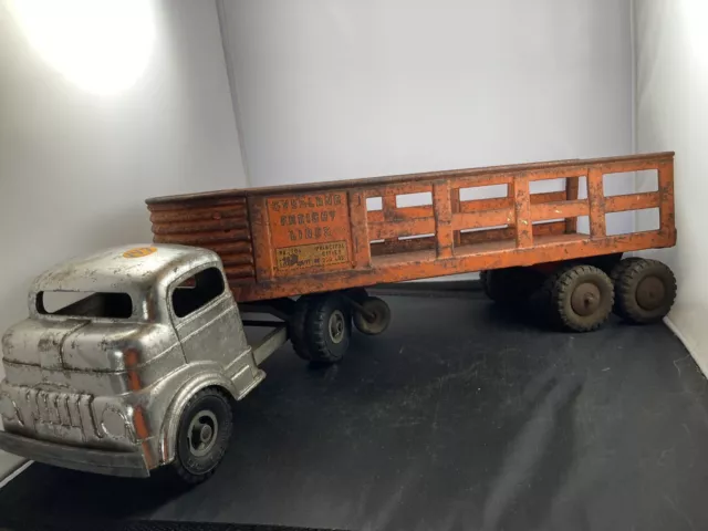 1950's Structo Steel Company Silver Semi Truck and Flatbed Trailer -LQQK