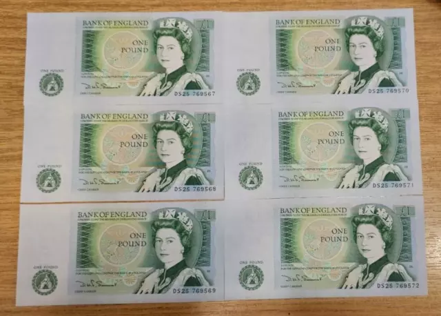 Six UK Uncirculated £1 Banknotes Consecutive Serial Numbers