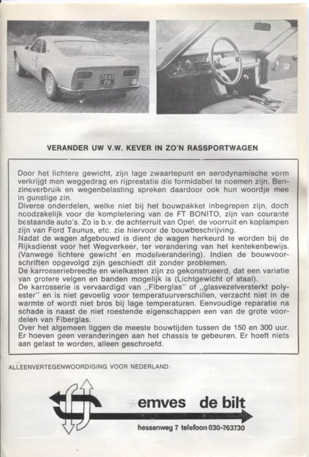 FT Bonito - Kit Fibreglass Sports Car VW Beetle Base brochure/prospekt Dutch 3