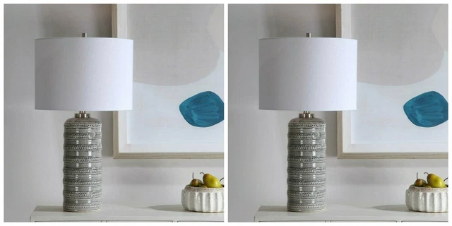 Pair Xxl 28" Modern Lace Design Ceramic Table Lamp Brushed Nickel Uttermost