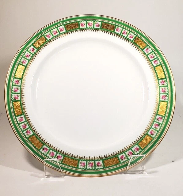 Antique Minton Hand Painted Raised Enamel Cabinet Plate Pink Rose Emerald Green