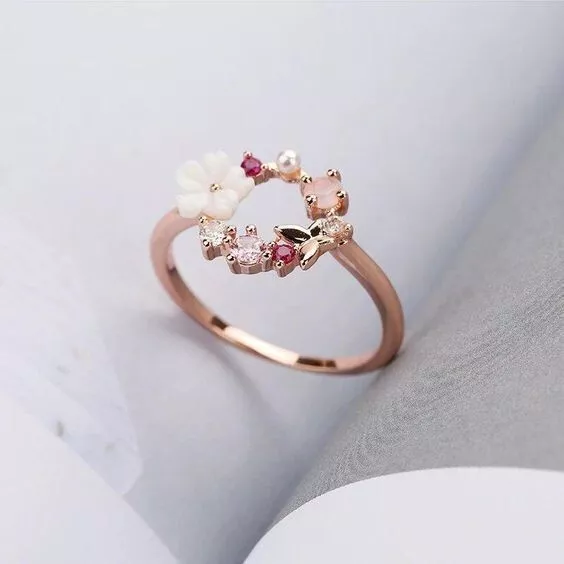 Right Hand Ring Womens CZ Rose Gold Dainty Flower Circular Crystal 925 SS Jewel