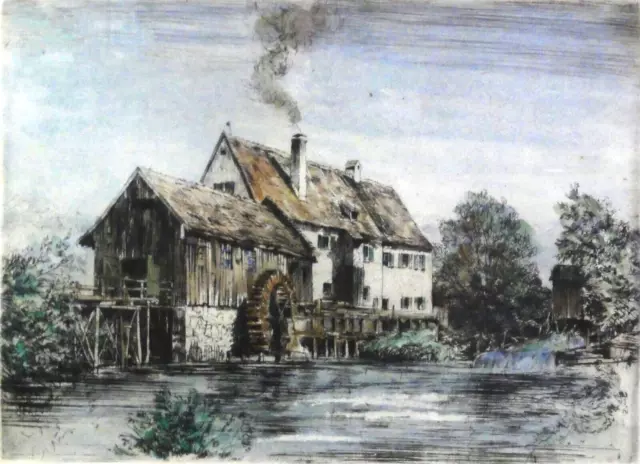 Peter von Halm (1854-1923), kolor. antik-Radierung~1900: MÜHLE IN FÜSSEN 2