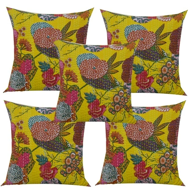 5 Pc Lot Yellow Handmade Kantha Cushion Cover Gypsy Pillow Boho Pillow Cover Art