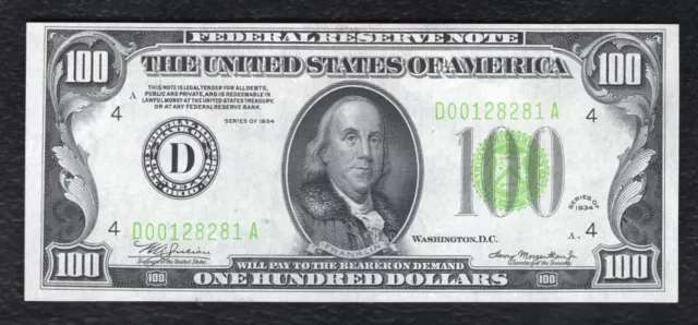 Fr 2152-D 1934 $100 Lgs Light Green Seal Frn Cleveland, Oh Choice Uncirculated
