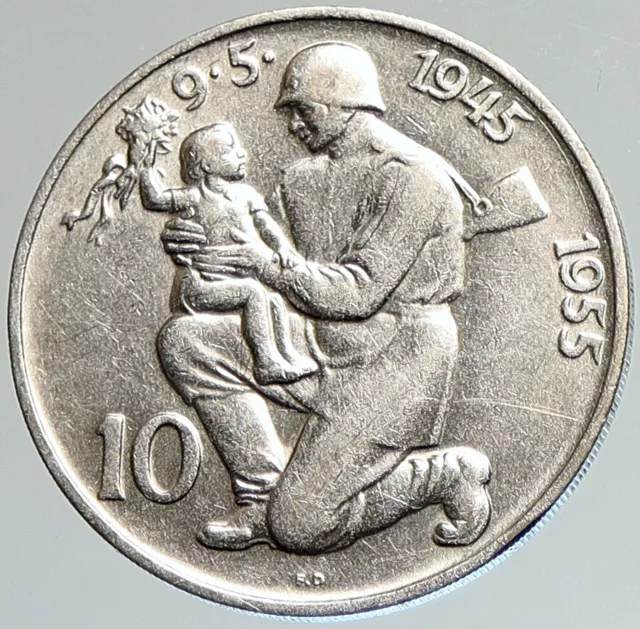 1955 CZECHOSLOVAKIA Soldier & Family LIBERATION Old Silver 10 Korun Coin i107967
