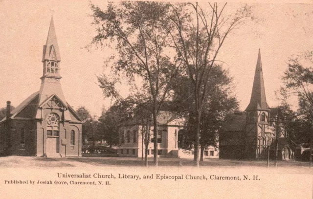 Vintage Postcard 1910's Universalist Library & Episcopal Church Claremont N. H.