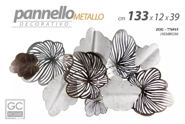 Quadro Metallo Parete Pannello Decorativo Foglie Argento Marrone 133*69*12 Cm