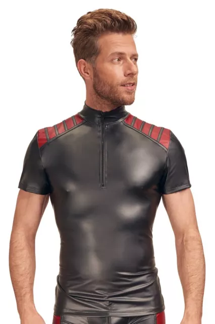 Maglia per Uomo in similpelle nero con strisce rosso colletto e Zip manica corta