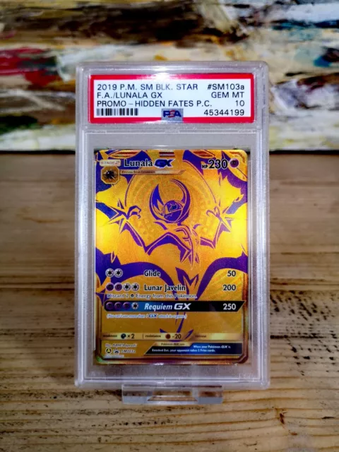 PSA 10 Gold Lunala GX Full Art Promo SM103a Hidden Fate