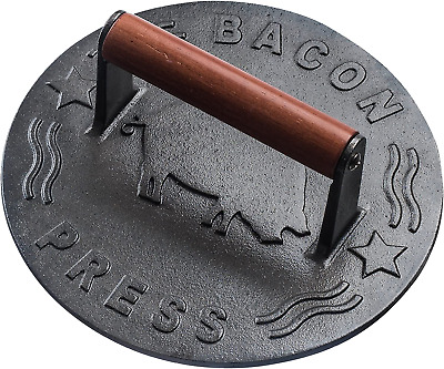 Cast Iron Grill Press, Heavy-Duty Bacon Press with Wood Handle, 8.5-Inch Round