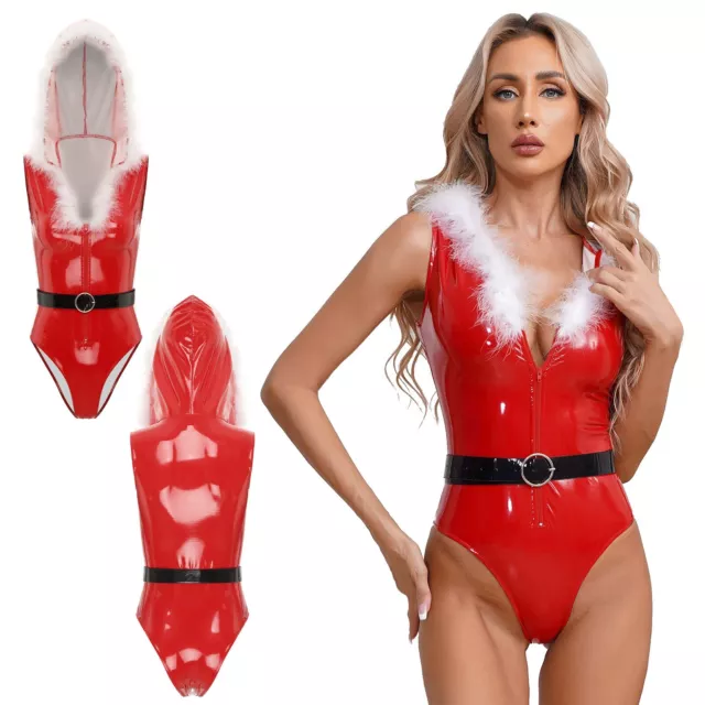 US Women Santa Claus Bodysuit Sleeveless Xmas Costume Bodycon Bodysuit With Belt