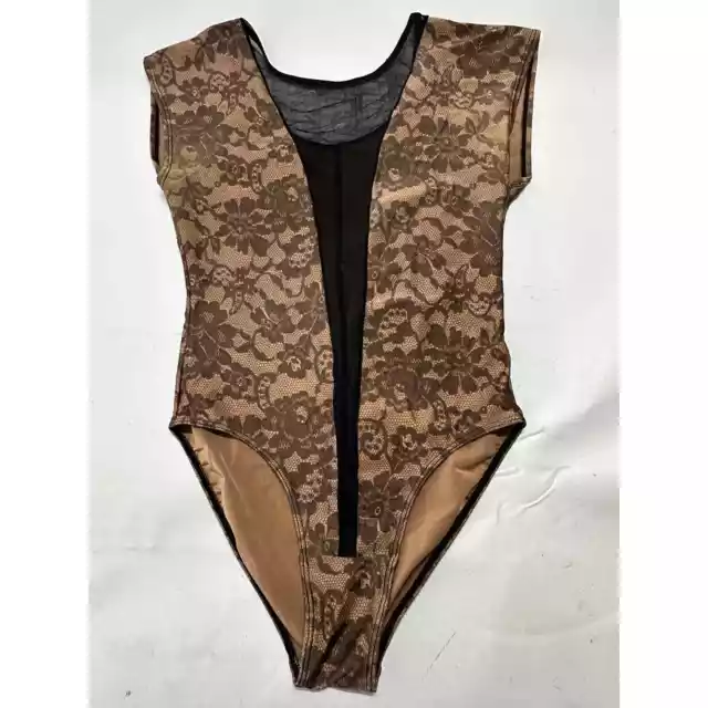 American Apparel Bodysuit Top Women Size M Beige Black Sexy Sheer Neckline FLAW