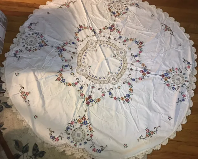 Vintage Tablecloth + 8 Napkins Hand Embroidered CROSS STITCH Flowers Round 63”