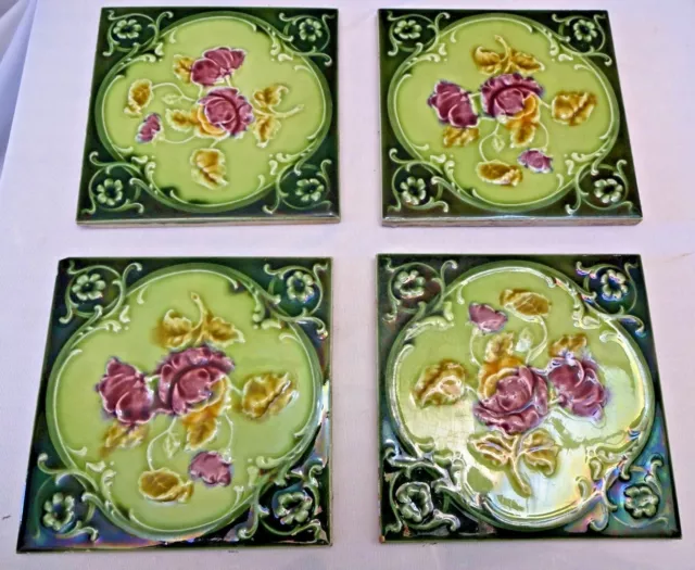 Antique Tile Majolica Art Nouveau Purple Rose Flower England Porcelain Decor# 52 3