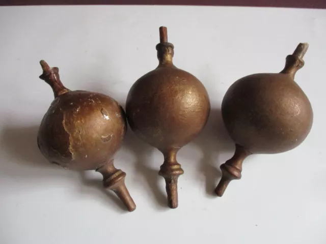 Set of 3 Antique Long Case Ball & Spire Clock Finials Gilded Wood 2.5" Diameter