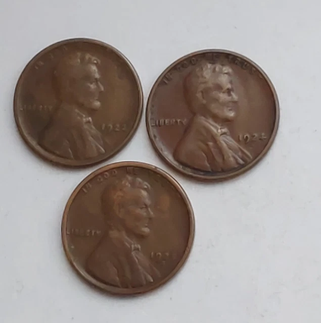 Roaring Twenties Trio of Lincoln Wheat Cent Coins 1923 S 1924 S & 1925 S