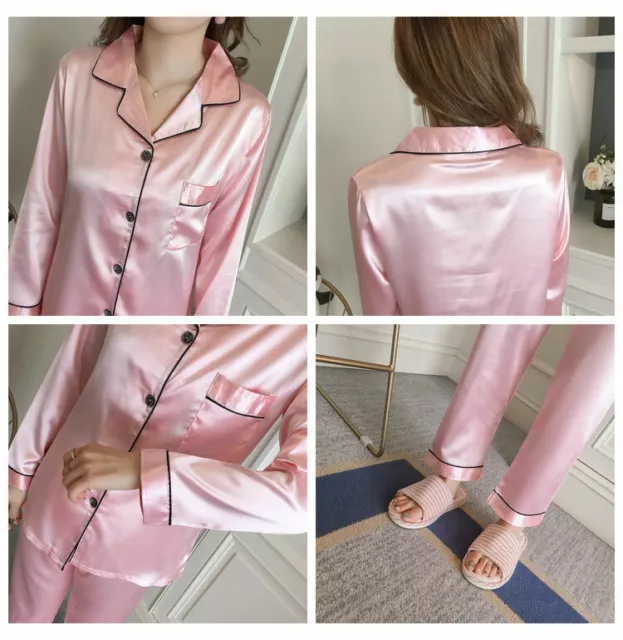 Womens Silk Satin Pajamas Set Long Sleeve Button-Down Sleepwear Loungewear M-5X 2