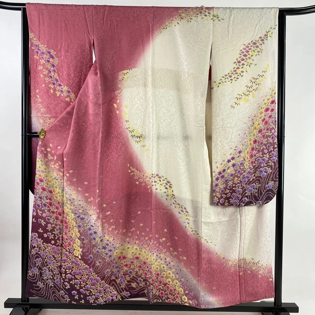 Japanese Silk Kimono Vintage Furisode Gold Grass Flower Water Thread Pink 60"