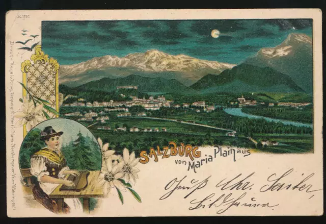 Mondschein-Litho-Karte aus Salzburg von Maria Plain aus Frau mit Zither (647)