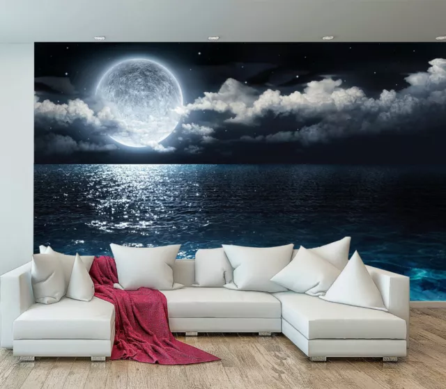 Sea Beach Night Moon Clouds Stars Wall Mural Photo Wallpaper Bedroom Decoration