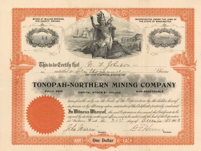 Tonopah-Northern Mining Co. - 1900's dated Nevada Mining Stock Certificate - Min