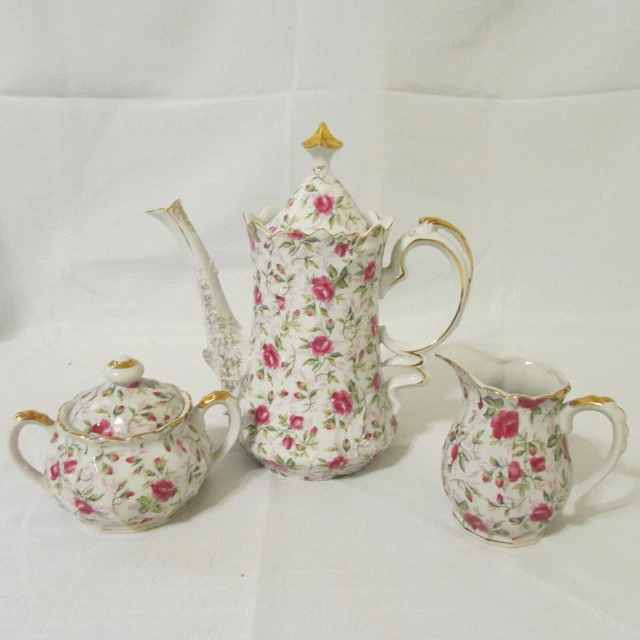 Vintage Lefton Ceramic Chintz Rose Pattern Teapot Creamer & Lidded Sugar Bowl