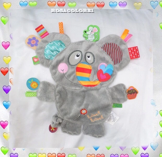 Doudou Peluche Plat Eléphant Gris Rouge Vert Souris Etiquettes LABEL LABEL