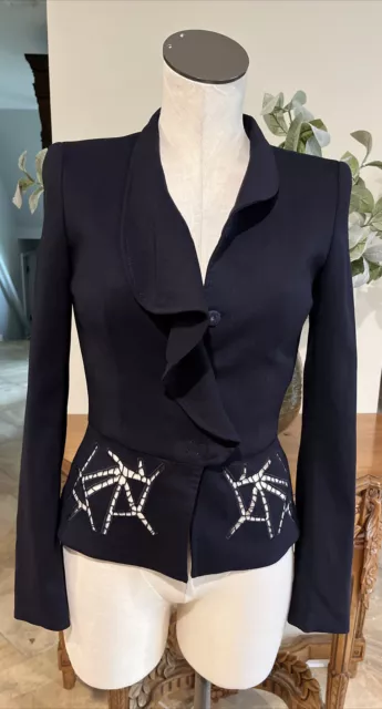 Escada Women 36 navy wool blend embroidered Peplum Ruffled Snap Front jacket LL 2