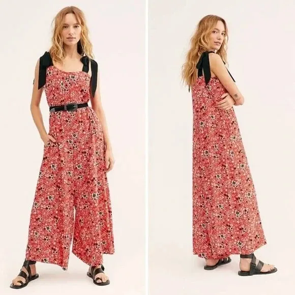 Free People Cecilia Red Floral Print Tie Shoulder Wide Leg Jumpsuit Sz XS Womens