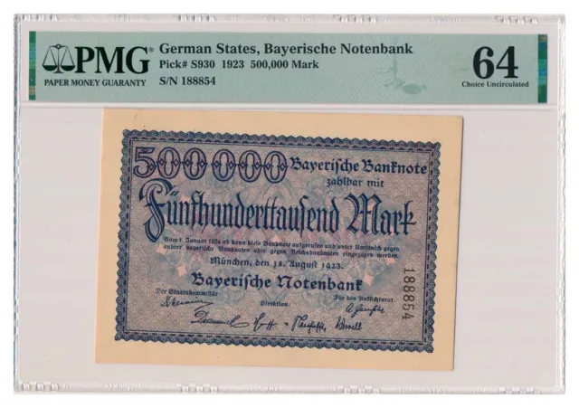 GERMAN STATES (BAVARIA) banknote 500.000 Mark 1923 PMG MS 64 Choice Uncirculated