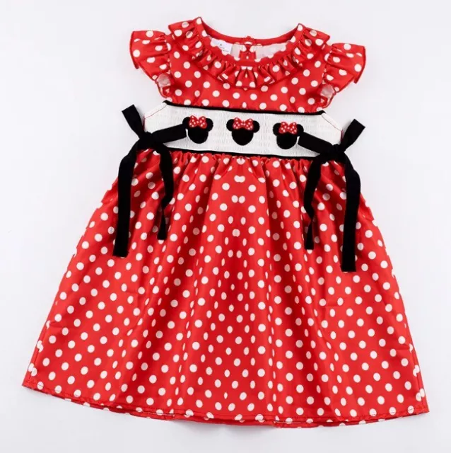 NEW Boutique Minnie Mouse Girls Embroidered Smocked Red Polka Dot Dress